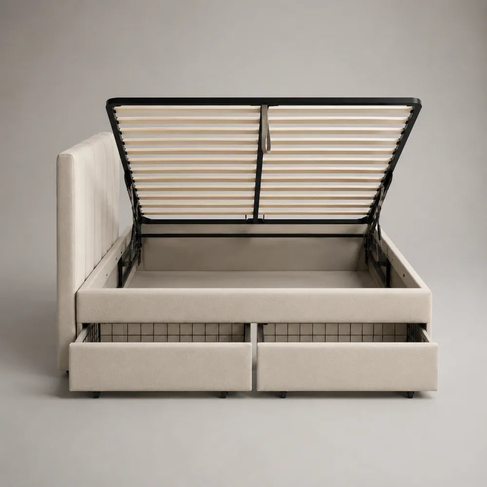 Letto contenitore matrimoniale 160 x 200 cm MDF rivestimento tessuto effetto lino beige rete a doghe sollevabile con 2 cassetti struttura acciaio nero