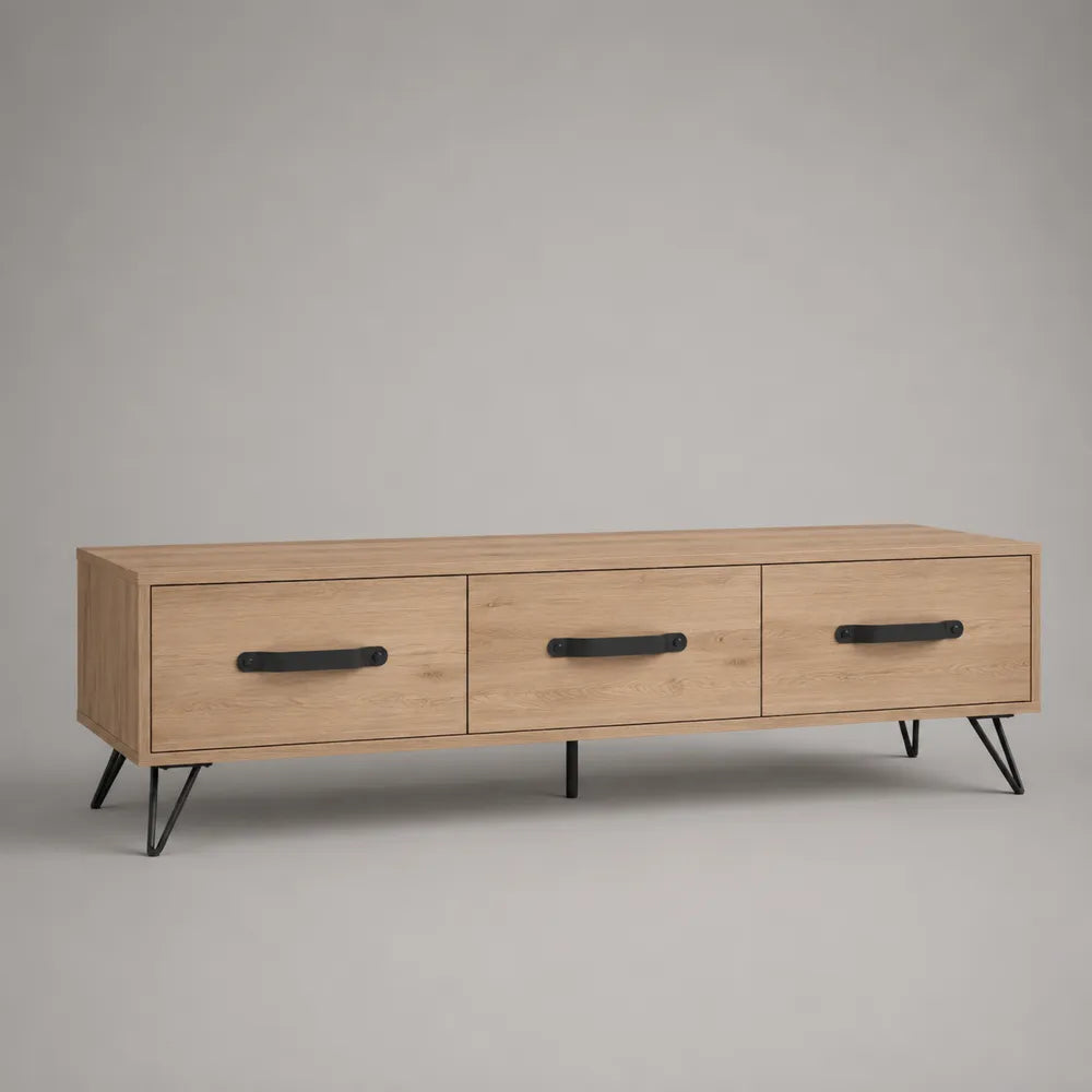 Mobile TV 180 cm 40 cm 50 cm in legno effetto rovere chiaro con 3 cassetti struttura rettangolare gambe in acciaio nero