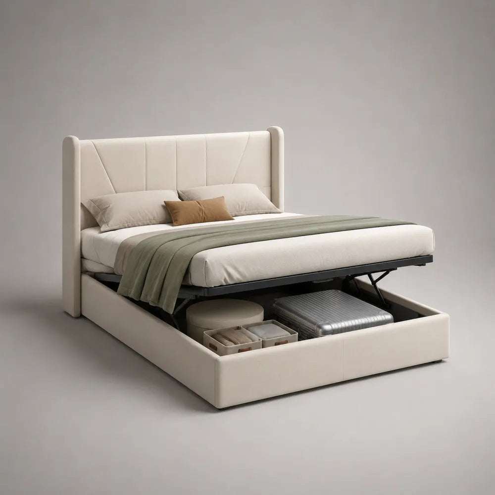 Letto contenitore matrimoniale 160 x 200 cm rivestimento tessuto beige testiera imbottita struttura con rete sollevabile