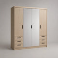 Armadio 200 cm x 60 cm x 210 cm MDF impiallacciato rovere chiaro con ante centrali specchiate 4 ante e cassetti laterali struttura rettangolare