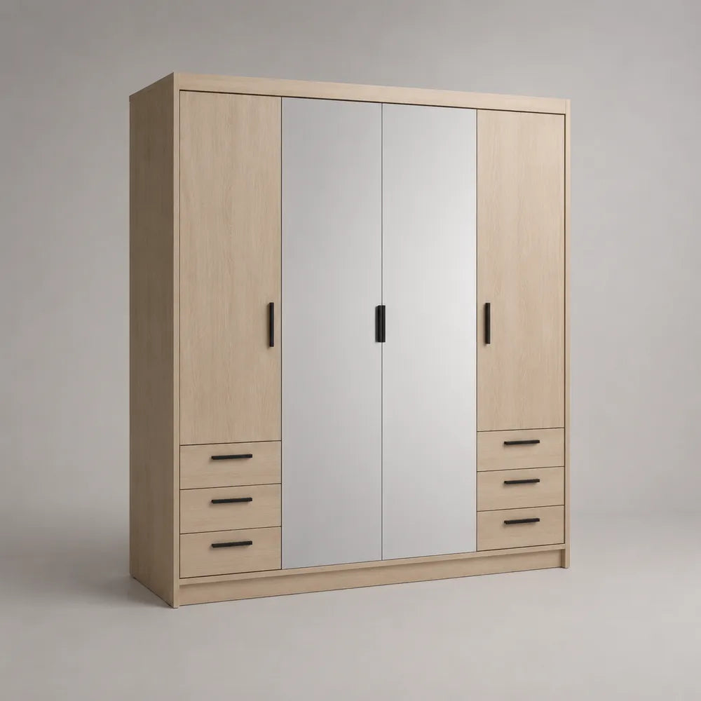 Armadio 200 cm x 60 cm x 210 cm MDF impiallacciato rovere chiaro con ante centrali specchiate 4 ante e cassetti laterali struttura rettangolare