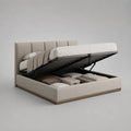 Letto matrimoniale contenitore 160 x 200 cm struttura imbottita tessuto poliestere beige con rete a doghe sollevabile e vano contenitore