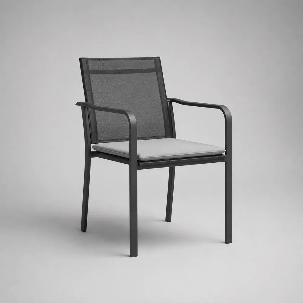 Poltrona da giardino 55 cm 60 cm 85 cm in acciaio nero con schienale in textilene e cuscino grigio