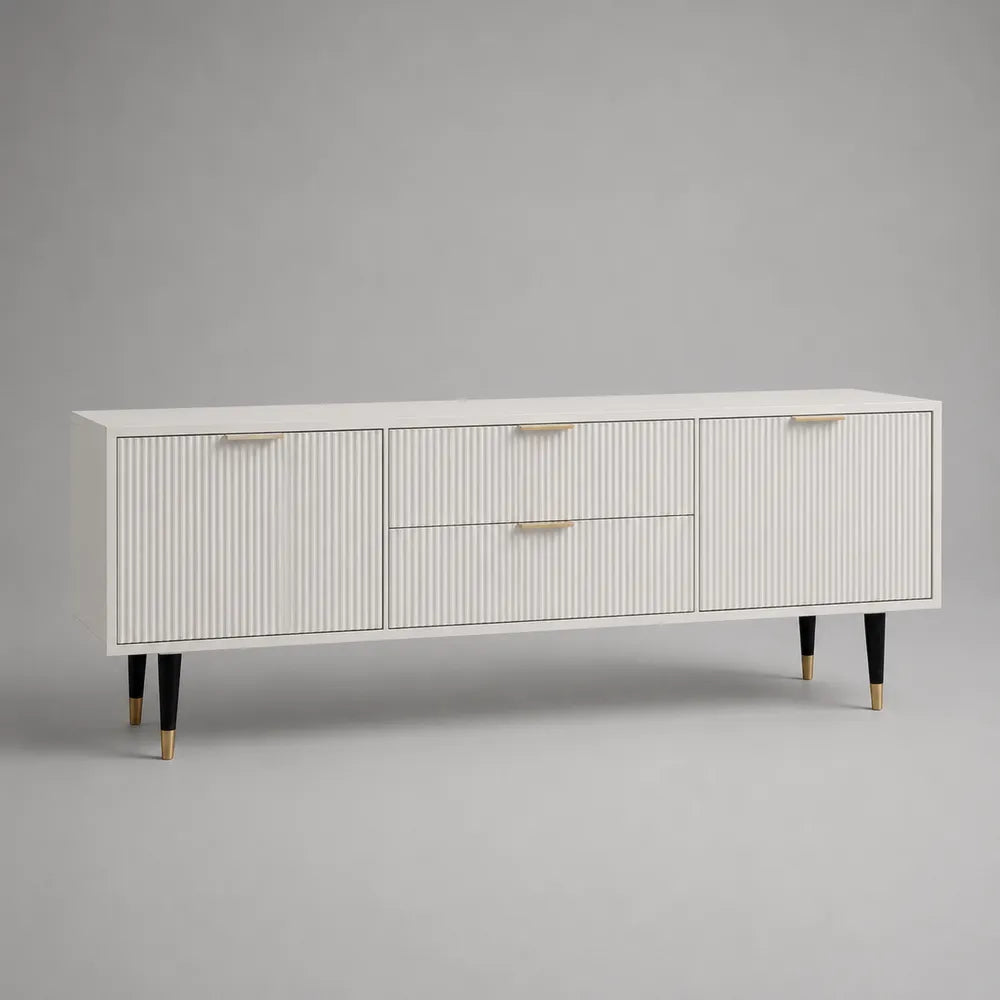 Mobile TV 180 cm x 40 cm x 50 cm MDF bianco rigato con ante e cassetti struttura rettangolare gambe nere con dettagli oro