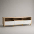 Mobile TV rettangolare 180 cm 40 cm 50 cm in MDF effetto rovere chiaro con 3 vani aperti e 3 cassetti frontali bianchi e gambe in legno