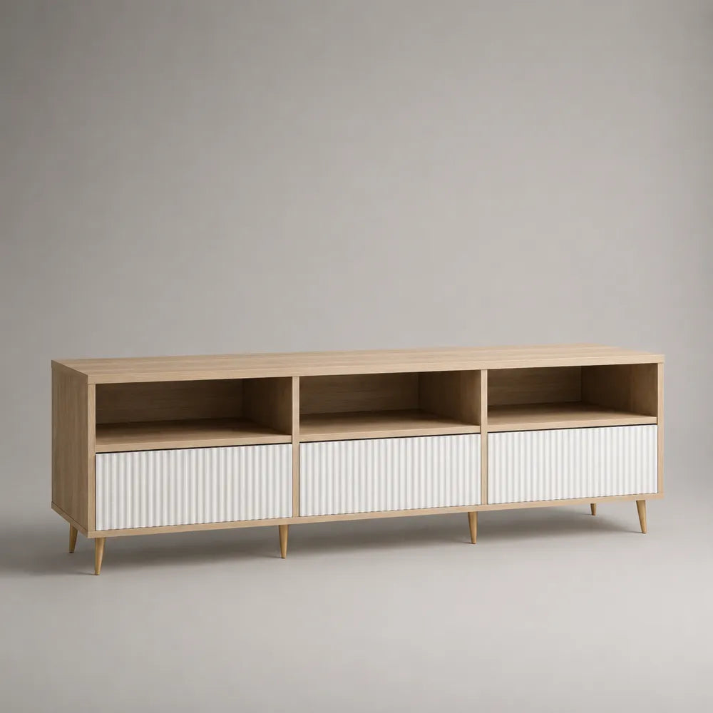 Mobile TV rettangolare 180 cm 40 cm 50 cm in MDF effetto rovere chiaro con 3 vani aperti e 3 cassetti frontali bianchi e gambe in legno