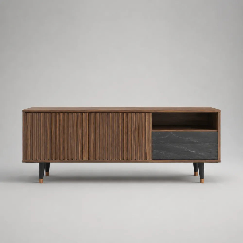 Mobile TV 180 cm 40 cm 50 cm in legno effetto noce con ante scanalate vano aperto e cassetti grigio pietra struttura rettangolare