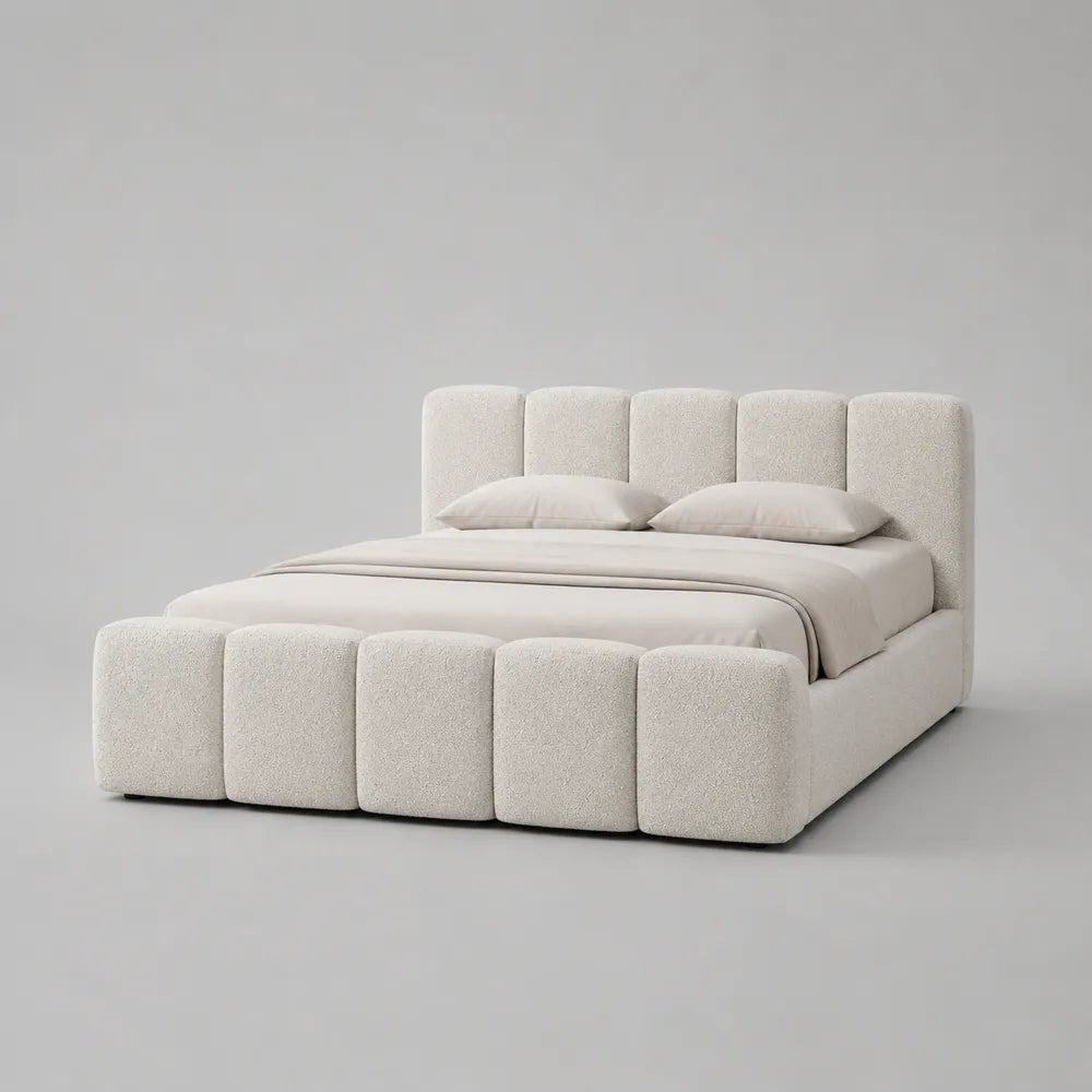 Letto contenitore matrimoniale 160x200 cm tessuto bouclé avorio rete sollevabile con vano contenitore struttura metallo nero