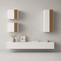 Composizione TV da parete sospesa 240 x 35 x 180 cm in MDF bianco opaco e rovere chiaro con pensili e mobile basso a 4 ante