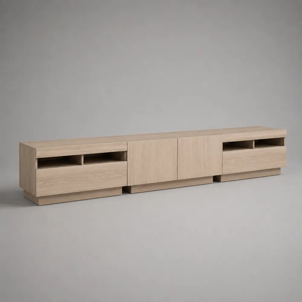Mobile TV rettangolare 220 x 40 x 48 cm in MDF melaminico effetto rovere chiaro con ante centrali e vani aperti laterali