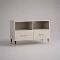 Mobile TV rettangolare 120 x 40 x 55 cm in MDF melaminico beige con 2 vani aperti e 2 cassetti gambe in metallo nero con puntali oro
