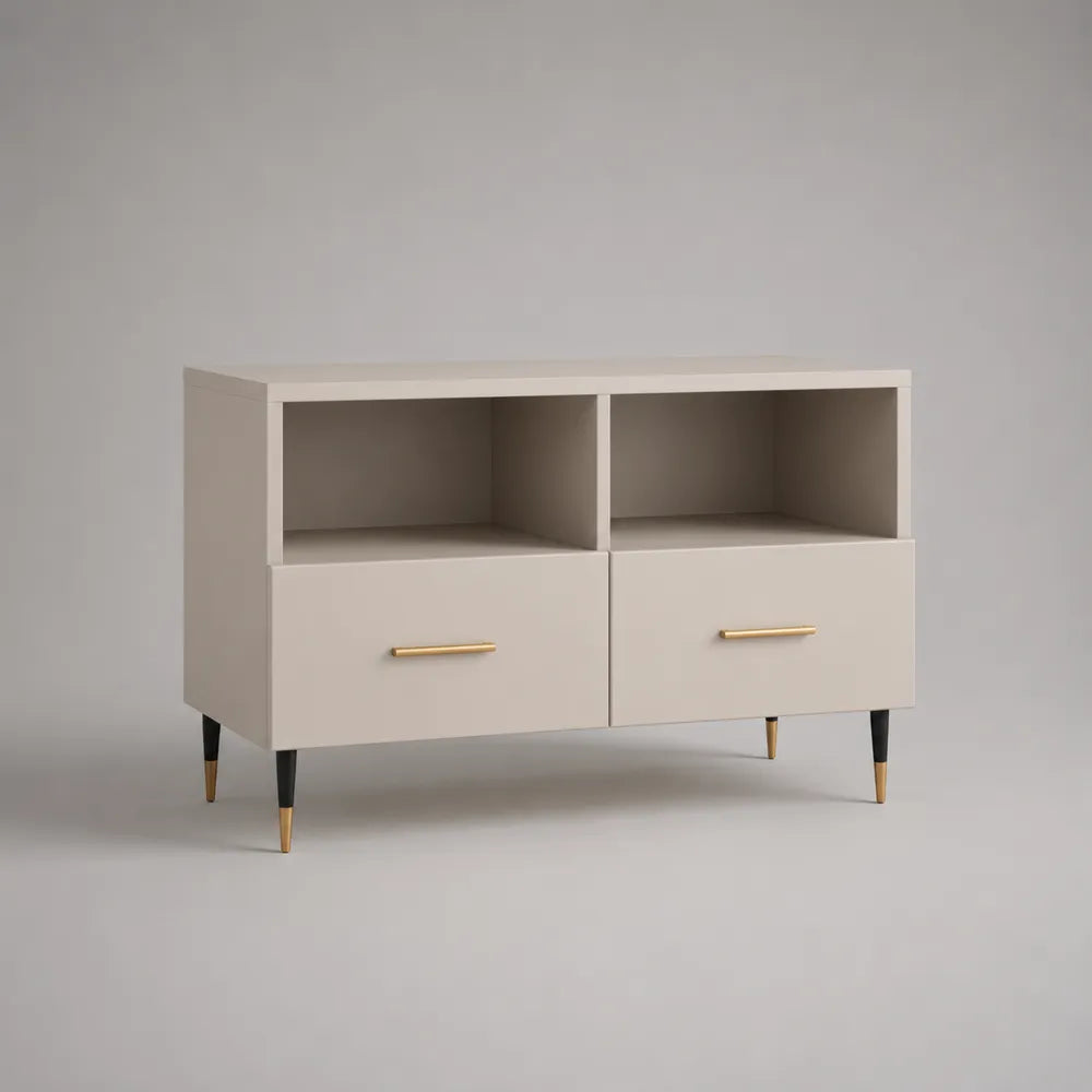 Mobile TV rettangolare 120 x 40 x 55 cm in MDF melaminico beige con 2 vani aperti e 2 cassetti gambe in metallo nero con puntali oro