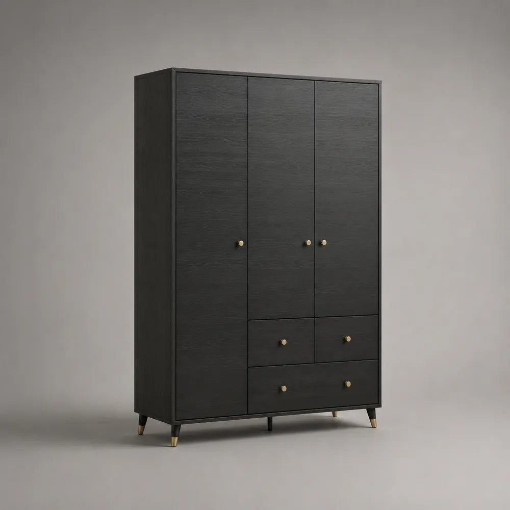 Armadio 160 cm x 55 cm x 200 cm 3 ante battenti MDF effetto nero antracite con cassetti inferiori struttura rettangolare