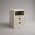 Comodino 45 x 35 x 60 cm in MDF rivestito melaminico crema con due cassetti e vano aperto maniglie in metallo finitura ottone