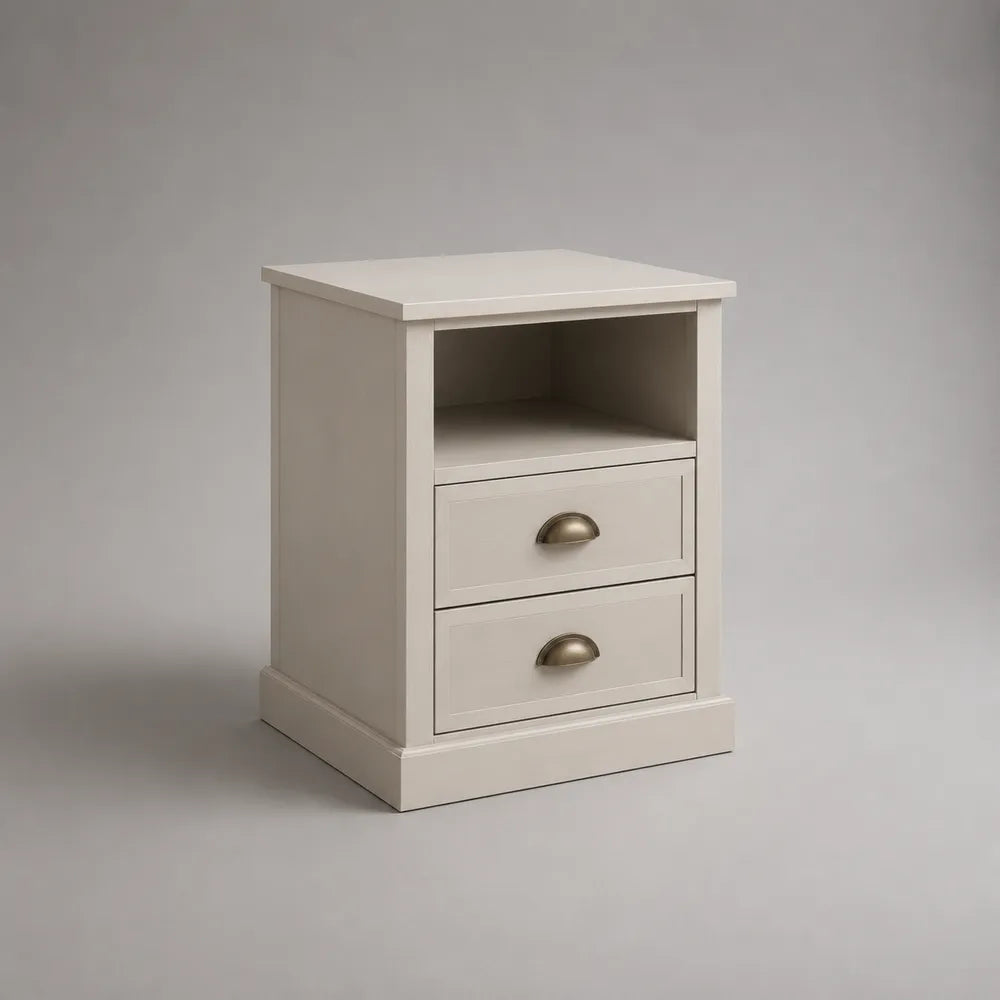 Comodino 45 x 35 x 60 cm in MDF rivestito melaminico crema con due cassetti e vano aperto maniglie in metallo finitura ottone