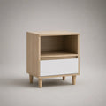 Comodino 45 x 40 x 55 cm in MDF effetto rovere chiaro con cassetto bianco e vano aperto struttura rettangolare con gambe in legno naturale