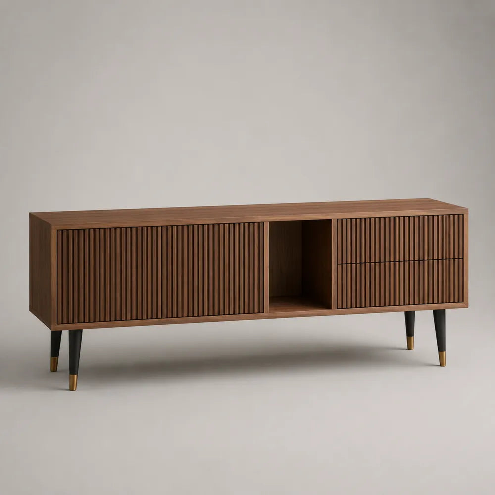 Mobile TV rettangolare 180 x 40 x 50 cm in MDF effetto noce con struttura in acciaio nero ante scanalate cassetti e vano centrale aperto