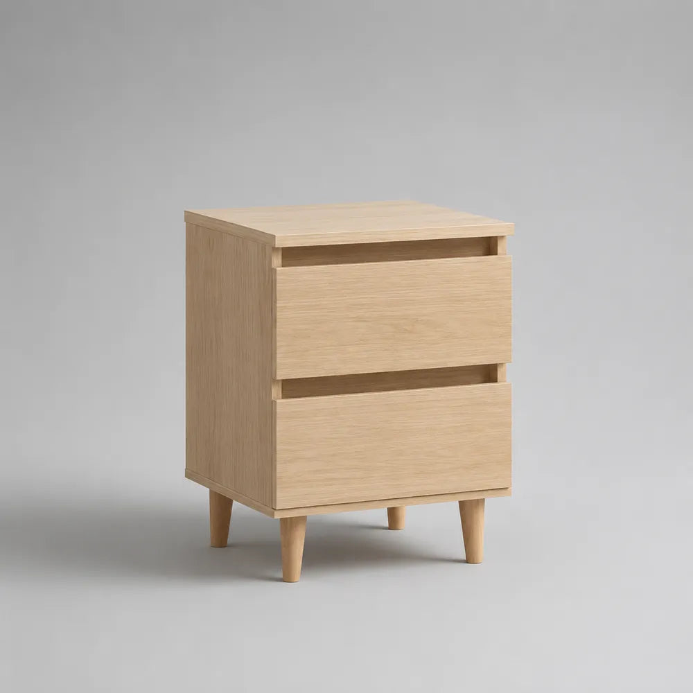 Comodino 45 x 40 x 55 cm in MDF effetto rovere chiaro con 2 cassetti senza maniglie e gambe in legno massello forma rettangolare